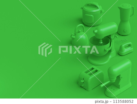 Electric kitchen appliances and utensils for making culinary on green monochrome Electric kitchen appliances and utensils for making culinary on green monochrome 113588052