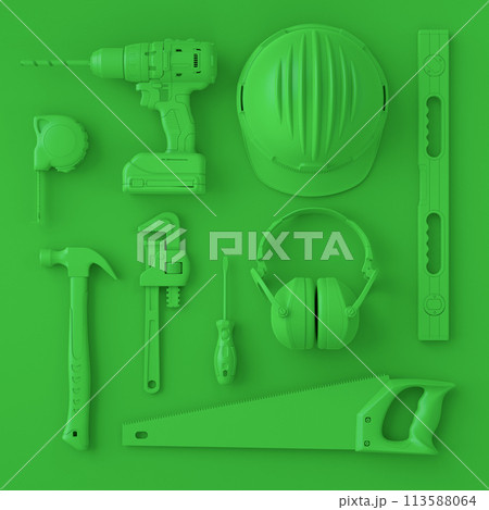 Top view of monochrome construction tools for repair on multicolor background Top view of monochrome construction tools for repair on multicolor background 113588064