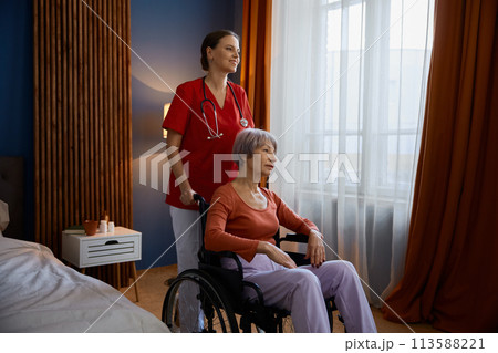 Aged senior woman in wheelchair having professional help at nursing home 113588221