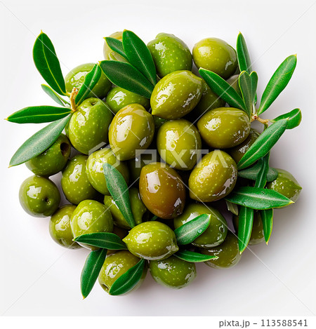 Olives on a white isolated background - AI generated image Olives on a white isolated background - AI generated image 113588541