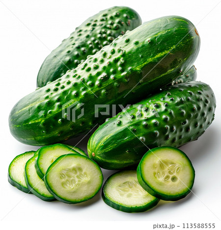 Garden vegetables, cucumbers on a white isolated background - AI generated image 113588555