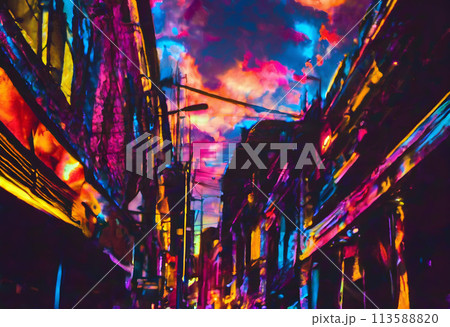 Surreal Urban Dreamscape: A Vividly Colored Apocalyptic Vision of City Life. 113588820