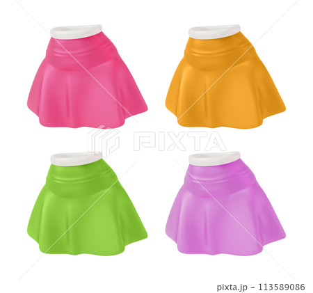 3d Different Color Skirt Set Cartoon Design Style Trendy Fashion Female Casual Clothes Isolated on a White Background. Vector illustration 3d Different Color Skirt Set Cartoon Design Style Trendy Fashion Female Casual Clothes Isolated on a White Background. Vector illustration 113589086