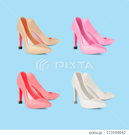 3d Bright Different Color Heels Cartoon Design Style Fashionable Women Shoes Concept. Vector illustration of Shoe Pair 113589092