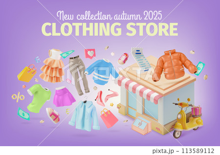 3d New Collection Autumn Clothing Store Ads Banner Concept Poster Card. Vector illustration of Floating Sweater, Shoes and Jacket 113589112