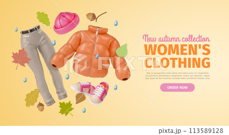 3d Autumn Women Clothing Collection Ads Banner Concept Poster Card Hat, Jeans and Down Jacket. Vector illustration of Floating Objects 113589128
