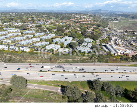 Aerial view of highway interchange and junction, San Diego Freeway interstate 5, California 113589610