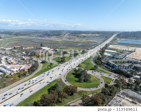 Aerial view of highway interchange and junction, San Diego Freeway interstate 5, California 113589611