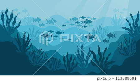 Underwater ocean landscape, algae and reefs, silhouette of a school of fish. Seabed background with ocean flora and fauna, corals, silhouettes of sea animals. Vector Underwater ocean landscape, algae and reefs, silhouette of a school of fish. Seabed background with ocean flora and fauna, corals, silhouettes of sea animals. Vector 113589691