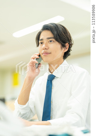 オフィスで電話する若いビジネスマン オフィスで電話する若いビジネスマン 113589986