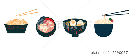 Set of asian dishes.  Various soup and meal. 113590027