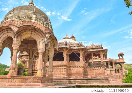 Front view inside of Mandore Gardens with amazing cenotaphs, ruins and temples 113590040