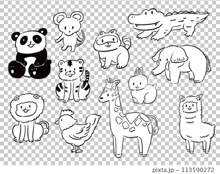 ポップなデフォルメ風動物の線画　イラストセット	 113590272