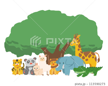 大きな木と動物のデフォルメフレームイラスト 113590273
