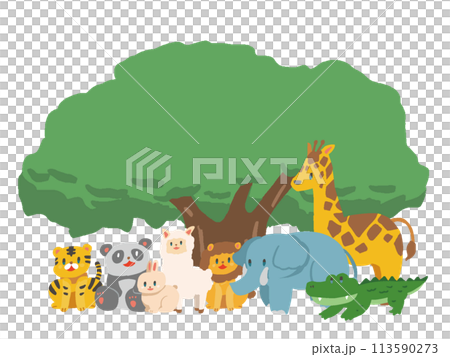 大きな木と動物のデフォルメフレームイラスト 113590273