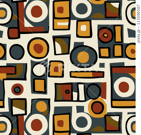 Abstract asymmetrical geometric vector pattern illustration, modern style with bold shapes and symbols, modernist design art 113590387