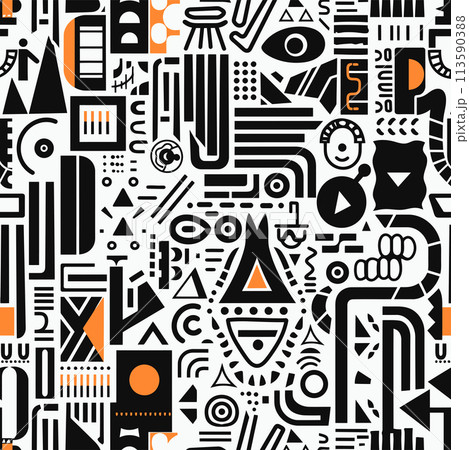 Abstract asymmetrical geometric vector pattern illustration, modern style with bold shapes and symbols, modernist design art 113590388