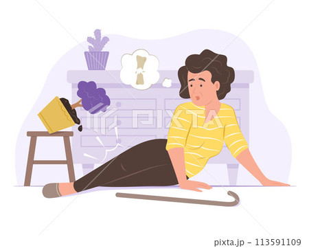 Elderly Woman Stumbles and Falls to the Ground and Hurts the Leg for Accident Concept Illustration Elderly Woman Stumbles and Falls to the Ground and Hurts the Leg for Accident Concept Illustration 113591109