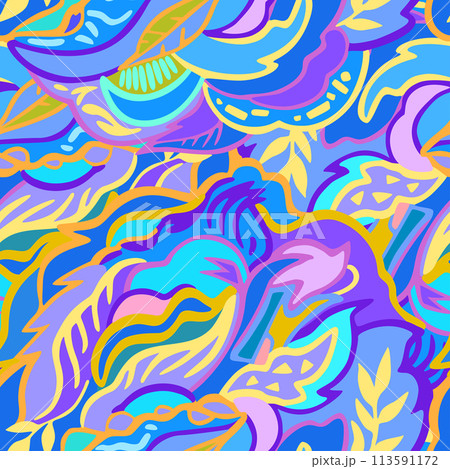 Colorful seamless pattern with chaotic floral and psychedelic abstract elements. Vector illustration. 113591172