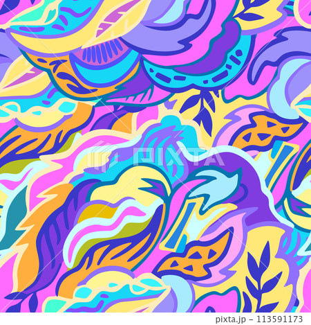 Colorful seamless pattern with chaotic floral and psychedelic abstract elements. Vector illustration. 113591173
