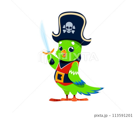Cartoon parrot animal bird pirate sailor character. Isolated vector colorful, feathered, funny corsair personage with saber and cocked hat, ready for high-sea nautical adventures and witty banter Cartoon parrot animal bird pirate sailor character. Isolated vector colorful, feathered, funny corsair personage with saber and cocked hat, ready for high-sea nautical adventures and witty banter 113591201