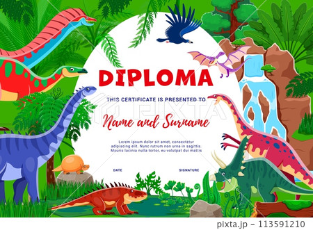 Kids diploma with cartoon dinosaur characters, vector education certificate template. Funny dino reptiles in Jurassic forest, T-rex dinosaur and pterodactyl for kindergarten diploma certificate award Kids diploma with cartoon dinosaur characters, vector education certificate template. Funny dino reptiles in Jurassic forest, T-rex dinosaur and pterodactyl for kindergarten diploma certificate award 113591210