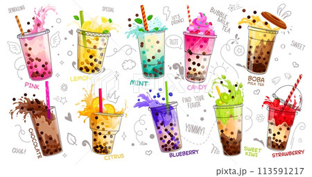Cartoon milk bubble tea cups isolated vector set. Vibrant array of transparent mugs with colorful drinks, delightful blend of creamy milk tea and chewy tapioca or boba pearls, fruits and berries 113591217