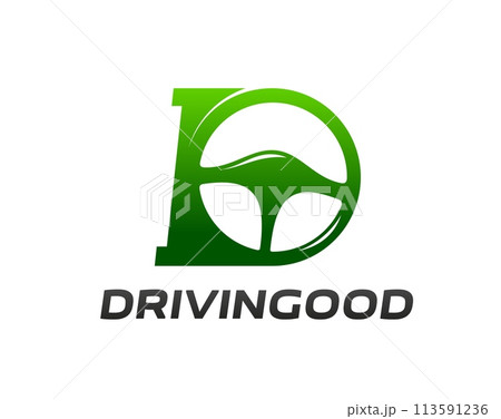 Safety drive icon, driving school symbol, features car steering wheel stylized as letter D in green color, symbolize driver protection, safe and caution. Isolated vector emblem of secure vehicle Safety drive icon, driving school symbol, features car steering wheel stylized as letter D in green color, symbolize driver protection, safe and caution. Isolated vector emblem of secure vehicle 113591236