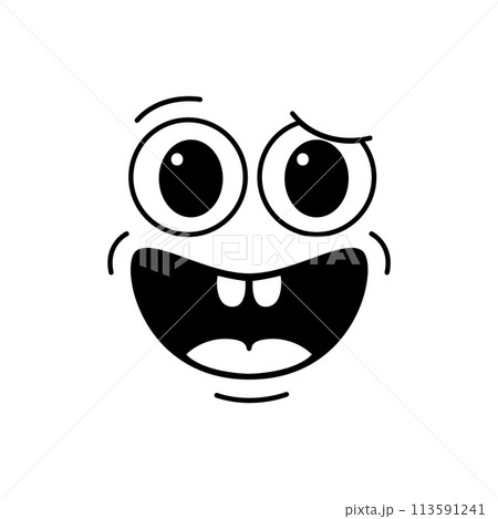 Cartoon funny nervous smile, comic groovy face emotion, retro cute emoji character. Isolated vector monochrome hesitant facial expression conveys discomfort or anxiety with a forced uneasy grin 113591241
