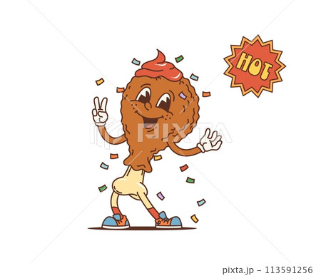 Cartoon retro fried chicken leg groovy character or funky fast food, vector comic personage. Happy groovy chicken leg with hot sauce and silly face, 70s hippie or hipster funny fastfood in cartoon art 113591256