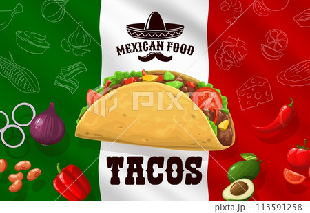 Tacos day banner with Mexican flag and ingredients onion, beans, bell pepper and avocado, jalapeno pepper and tomatoes. Vector national background in traditional colors of Mexico and tex mex food meal 113591258