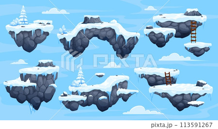 Arcade game platforms with ice and snow, winter level game asset. Vector floating ui rocky islands with snow, spruce trees and stairs. Location map interface for mobile game fantasy arctic environment 113591267