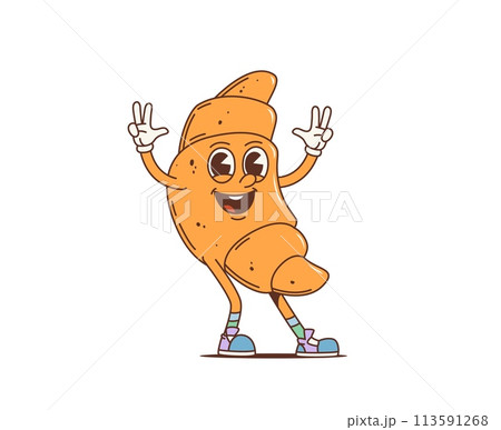Cartoon retro French croissant groovy character or funky bakery food, vector comic personage. Happy groovy croissant with smiling face and peace hand gesture in 70s hippie or hipster cartoon art 113591268