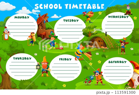 Cartoon garden gnome and dwarf characters, fairy tale education timetable schedule. Study week timetable, classes vector weekly schedule planner with garden dwarfs or fairy gnomes village personages Cartoon garden gnome and dwarf characters, fairy tale education timetable schedule. Study week timetable, classes vector weekly schedule planner with garden dwarfs or fairy gnomes village personages 113591300