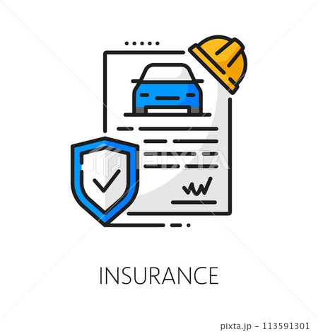 Auto dealer, car insurance company, dealership thin line icon. Auto center, car official dealership or vehicle distributor linear vector symbol. Automobile dealer line icon with insurance contract 113591301