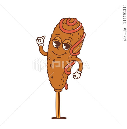 Cartoon retro corndog groovy character or funky fast food, vector comic personage. Happy groovy corndog sausage with Ok alright hand gesture, funny 70s hippie or hipster fastfood in cartoon art Cartoon retro corndog groovy character or funky fast food, vector comic personage. Happy groovy corndog sausage with Ok alright hand gesture, funny 70s hippie or hipster fastfood in cartoon art 113591314