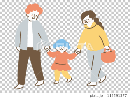 Girl walking with her parents hand in hand_color Girl walking with her parents hand in hand_color 113591377