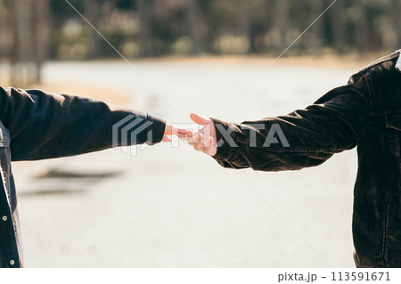 歩道で手を繋ごうとしているカップル 113591671