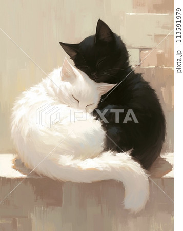 仲良く寄り添う二匹の猫。 113591979