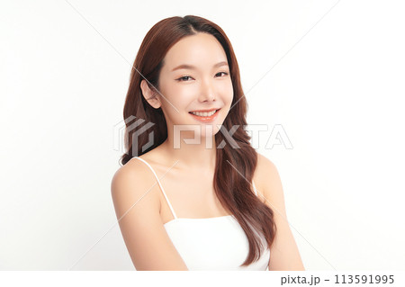 Beautiful young asian woman with clean fresh skin on white background, Face care, Facial treatment, Cosmetology, beauty and spa, Asian women portrait. 113591995