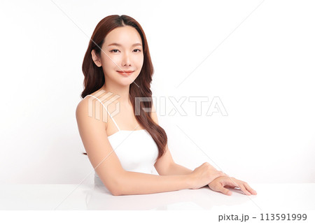 Beautiful young asian woman with clean fresh skin on white background, Face care, Facial treatment, Cosmetology, beauty and spa, Asian women portrait. Beautiful young asian woman with clean fresh skin on white background, Face care, Facial treatment, Cosmetology, beauty and spa, Asian women portrait. 113591999