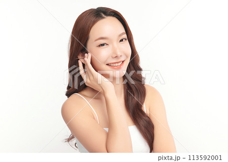 Beautiful young asian woman with clean fresh skin on white background, Face care, Facial treatment, Cosmetology, beauty and spa, Asian women portrait. 113592001