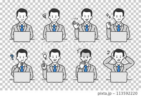 パソコンを見ながらいろいろな表情・ポーズをする管理職・上司のセット【人物ベクターイラスト素材】 パソコンを見ながらいろいろな表情・ポーズをする管理職・上司のセット【人物ベクターイラスト素材】 113592220