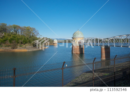 桜咲くころの狭山丘陵 多摩湖の取水塔 桜咲くころの狭山丘陵 多摩湖の取水塔 113592546