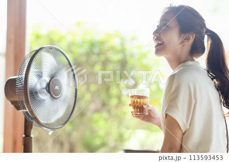 扇風機で涼む女性 113593453