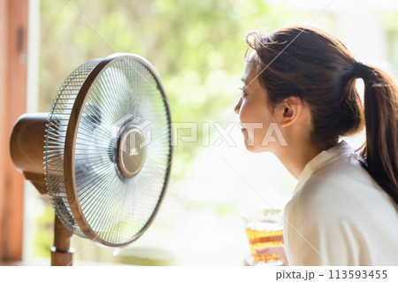扇風機で涼む女性 113593455