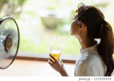 扇風機で涼む女性 扇風機で涼む女性 113593459