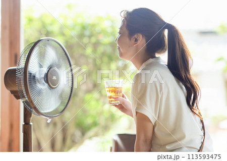 扇風機で涼む女性 113593475