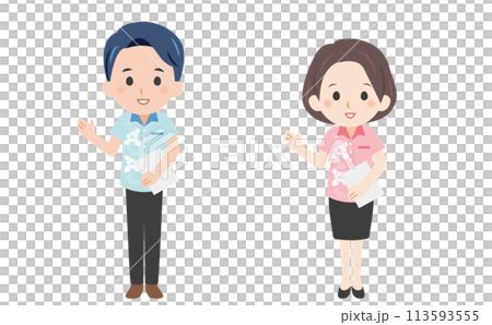 ビジネスの男女説明イラスト ベクター/かりゆし/アロハシャツ 113593555