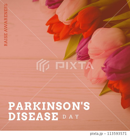 Composition of parkinson's disease day text over bunch of multi coloured tulips 113593571